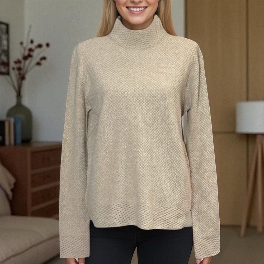 100% Cashmere Sweater Sz.L Beige Handmade In Nepal Textured Mock Neck Staple